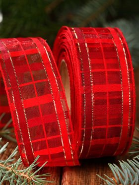Wstążka świąteczna tkana półprzeźroczysta  4cm/  2.5 m czerwona
